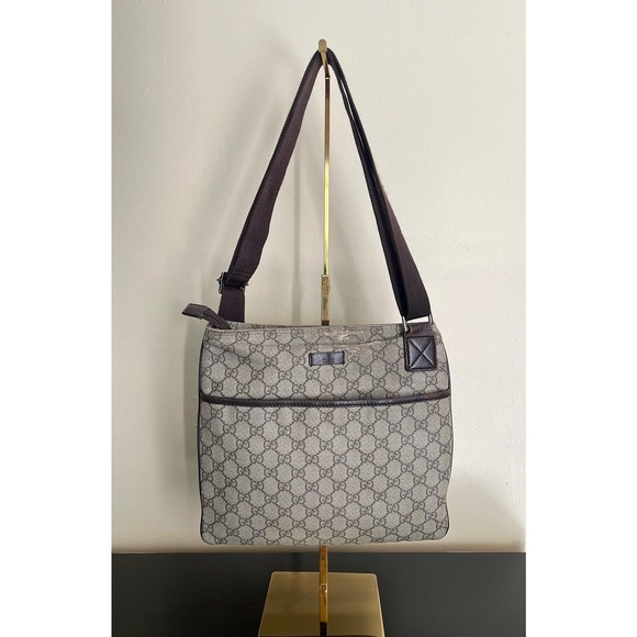 AUTHENTIC Gucci Brown GG PVC Canvas Leather Crossbody Shoulder Bag